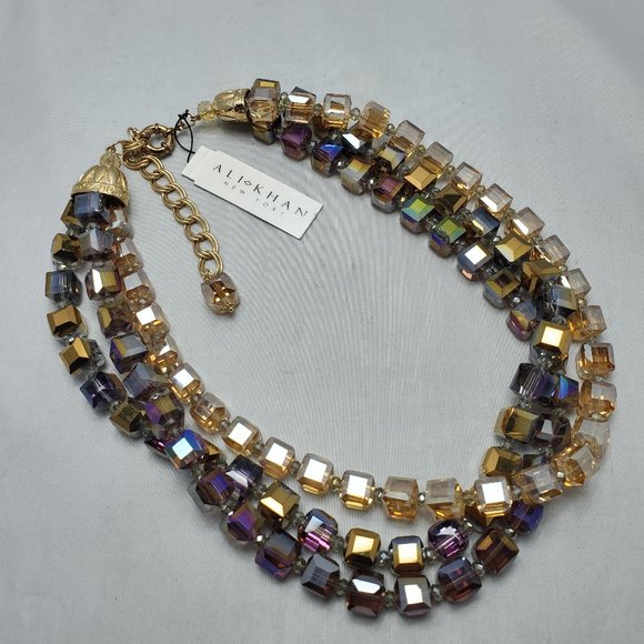 Ali khan glass cube bead 3 row necklace / casted end caps amethyst-champagne - Picture 2 of 5